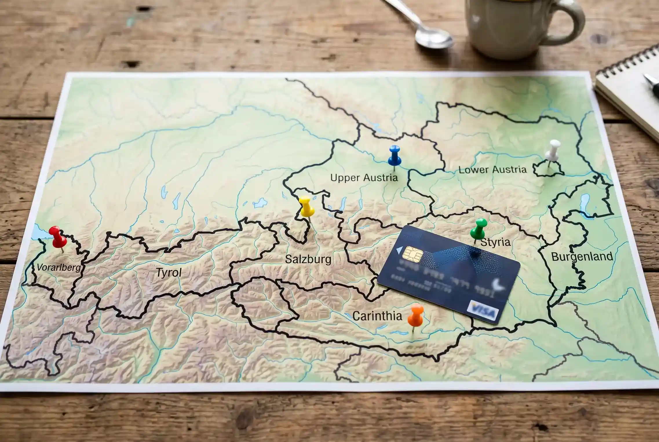 Landkarte Österreichs mit Bundesländergrenzen neben einer Visa-Karte