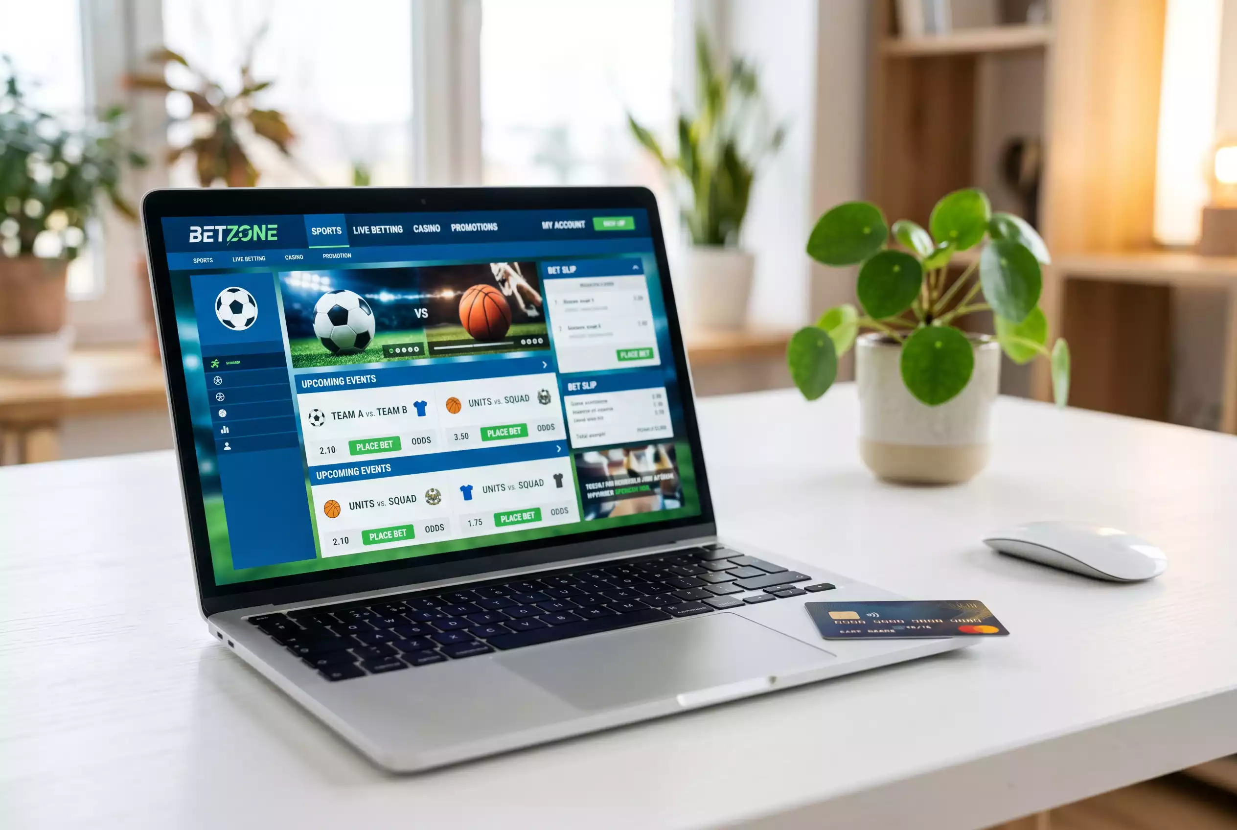 Laptop mit neuer Sportwetten-Plattform und Visa-Karte auf modernem Schreibtisch