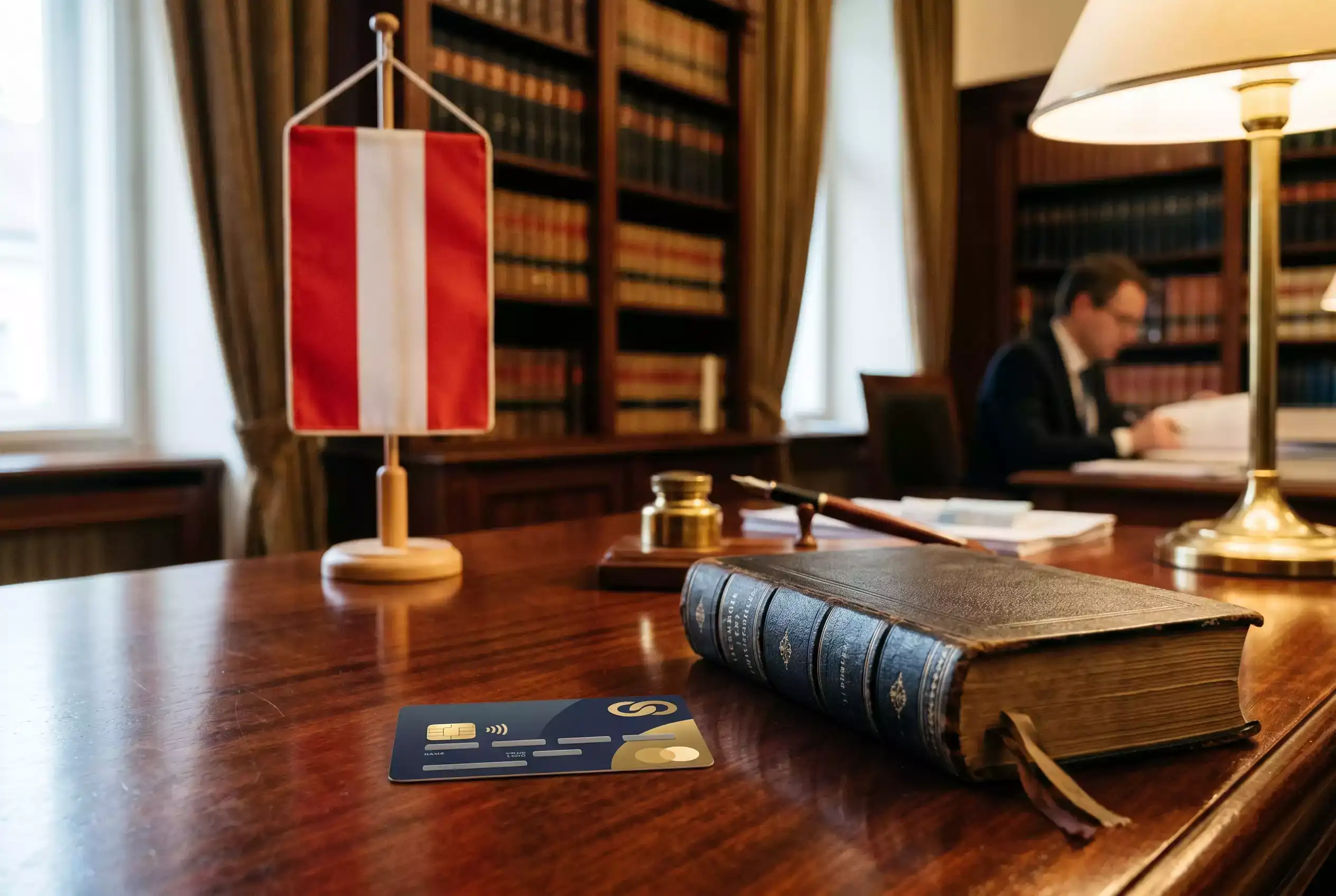 Österreichische Flagge neben einer Visa-Karte und einem Gesetzbuch als Symbol für Rechtslage