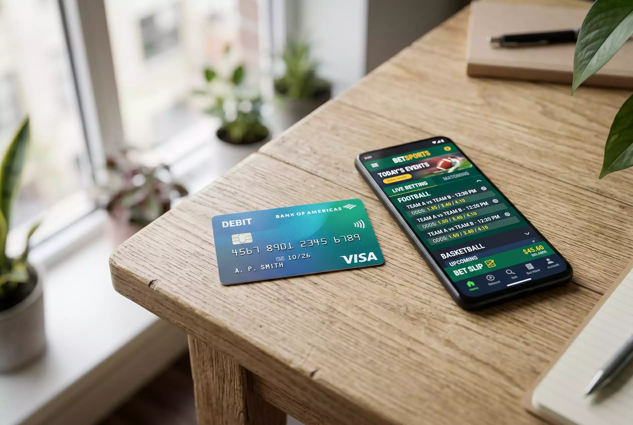Visa Debit Karte auf einem Holztisch neben einem Smartphone mit geöffneter Sportwetten-App