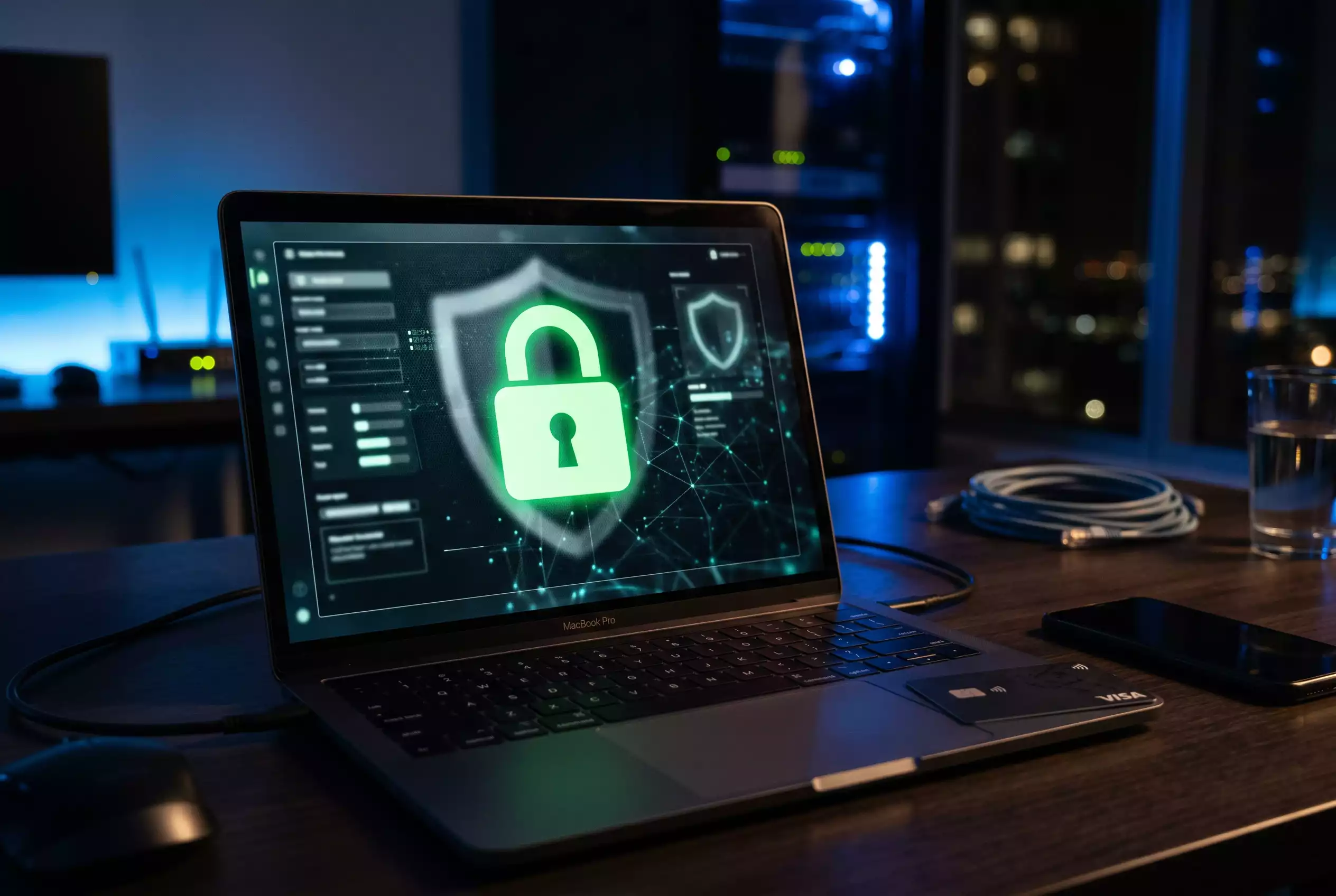 Schloss-Symbol auf einem Laptop-Bildschirm neben einer Visa-Karte als Datenschutz-Symbol