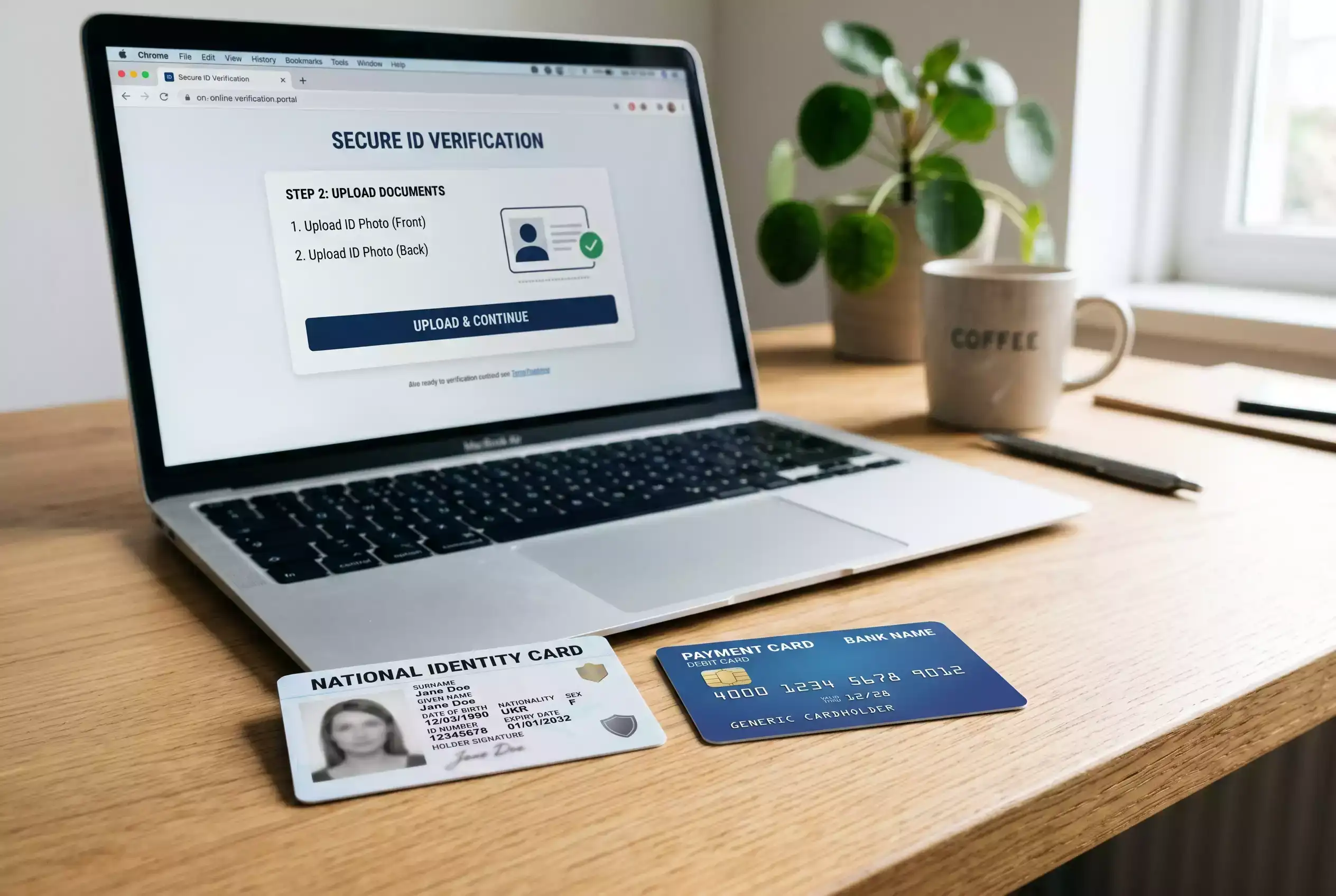 Ausweis und Visa-Karte nebeneinander auf einem Schreibtisch für die Kontoverifizierung