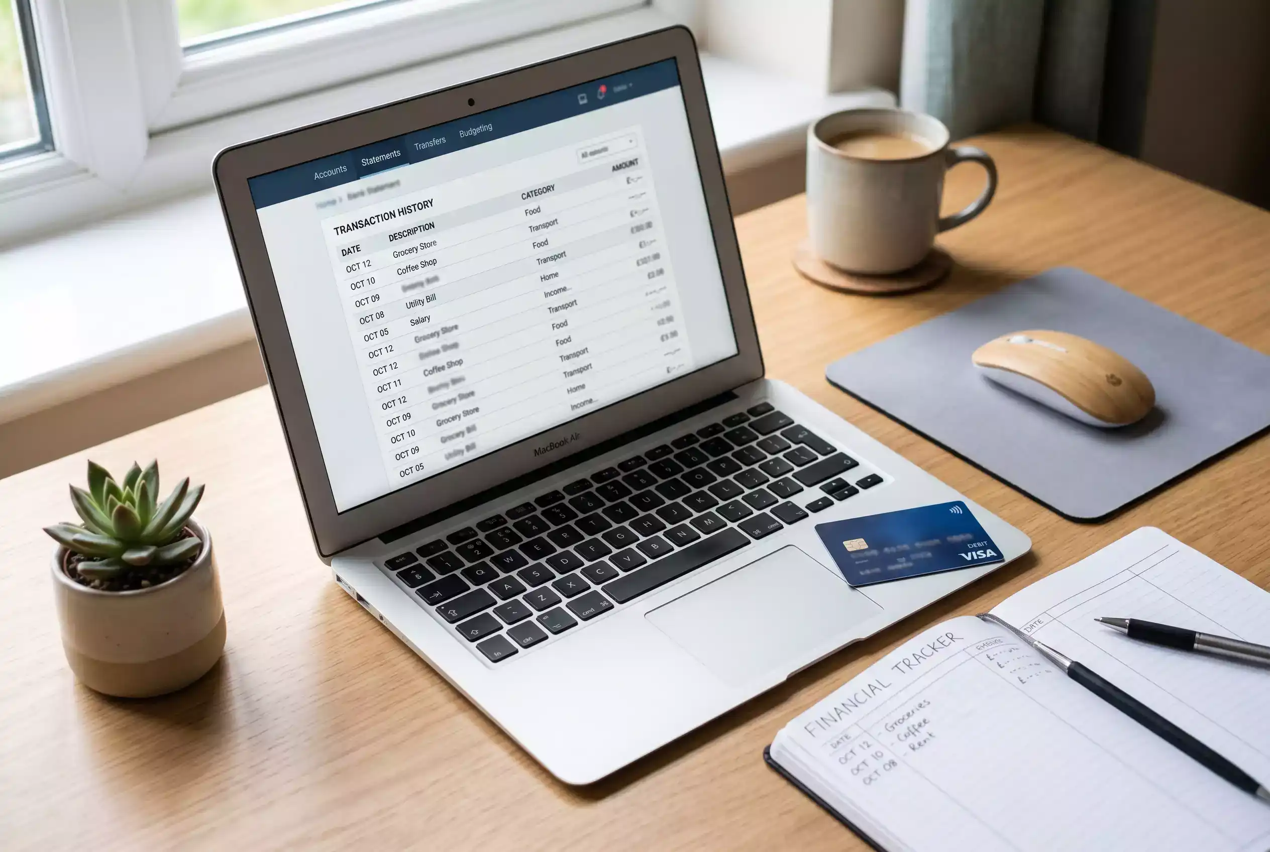 Laptop mit Kontoauszug und Visa-Karte auf einem aufgeräumten Schreibtisch
