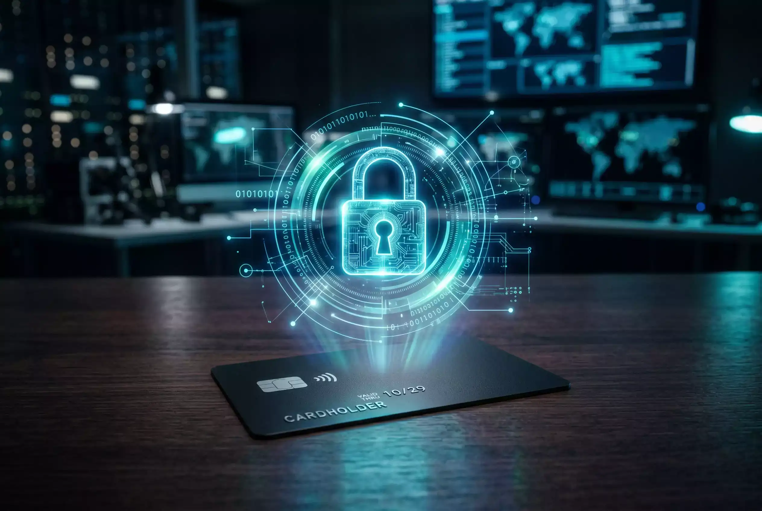 Digitales Schlosssymbol über einer Visa-Karte als Symbol für Token-Technologie