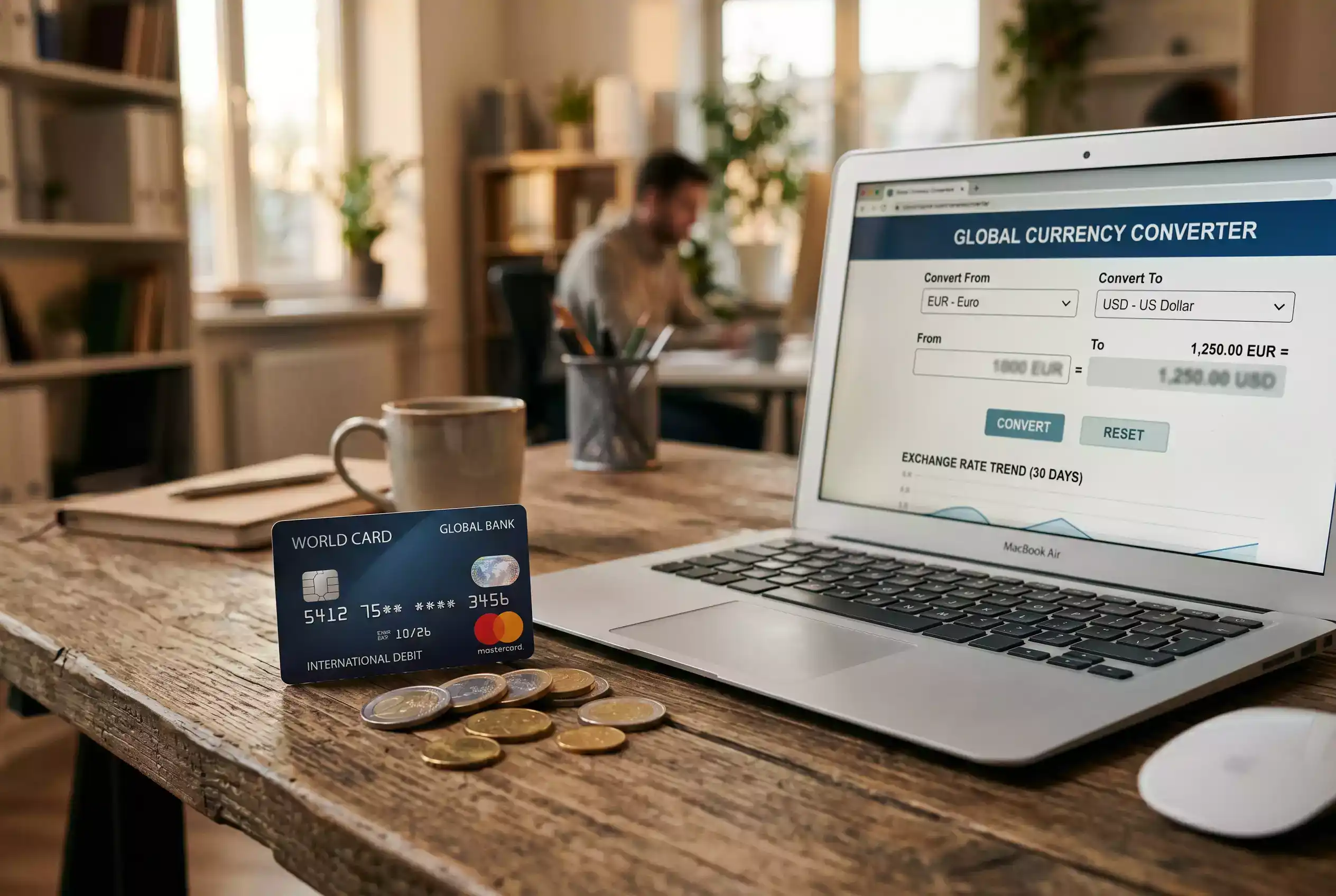 Visa-Karte neben Euro-Muenzen und einem Währungsrechner auf dem Bildschirm