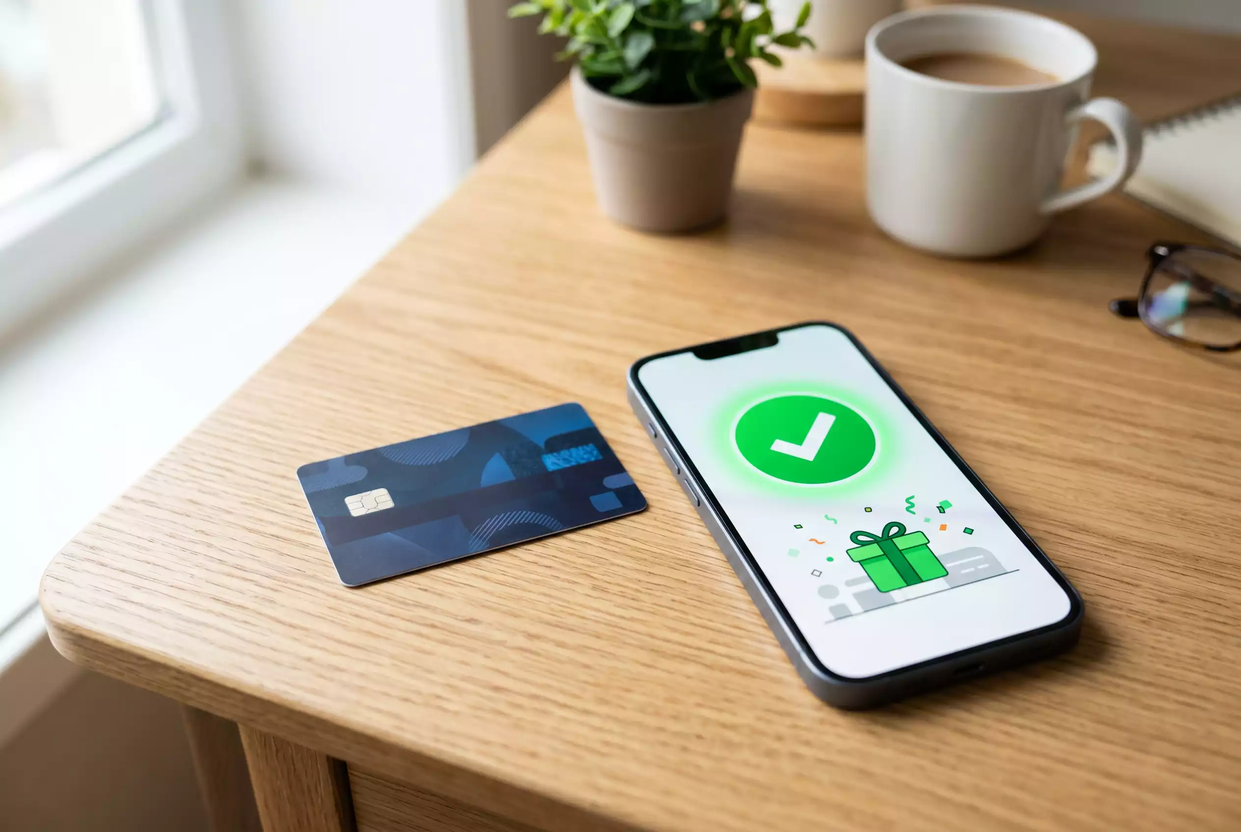 Visa-Karte und Smartphone mit Bonusangebot auf einem Schreibtisch